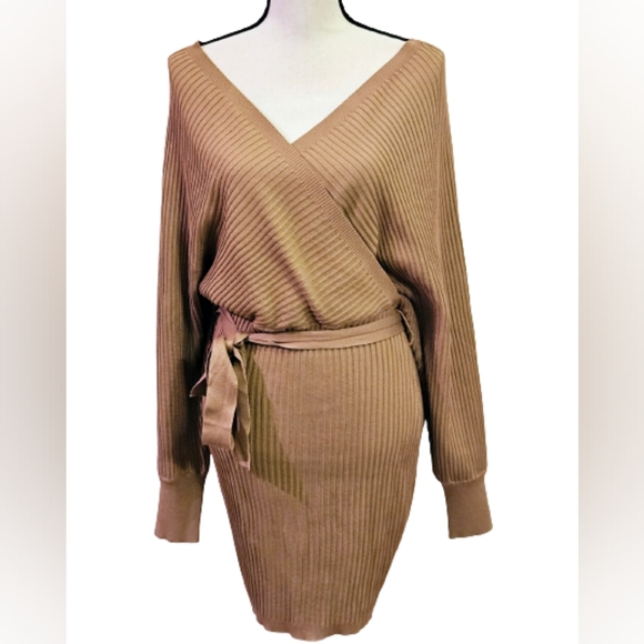 Love Tree Tan Ribbed Front Cross Long Sleeve Lightweight Sweater Dress,Large,NWT - Picture 9 of 16